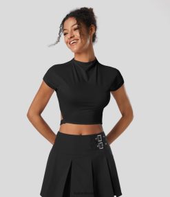 Halara נשים אבזם מתכוונן שרוול קצר קצוץ מהיר יבש ספורט ריקוד טופ XX0PF1826 בגדים פעילים שָׁחוֹר