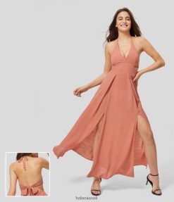 Halara נשים גב צוואר V עמוק קשירה לאחור גזרה אחורית מפוצלת שמלת מקסי קז'ואל שוטפת XX0PF1155 הַלבָּשָׁה שמש עולה כתום