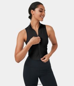 Halara נשים גופייה קצוצה ללא שרוולים עם רוכסן צוואר מדומה XX0PF1751 בגדים פעילים שָׁחוֹר