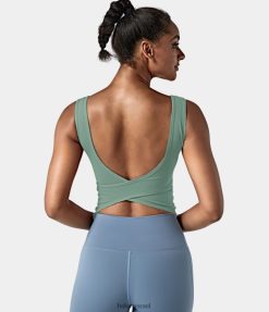 Halara נשים גופיית בריקוד בלט קרוסאובר ללא גב עם צווארון XX0PF1674 בגדים פעילים ירוק גידור