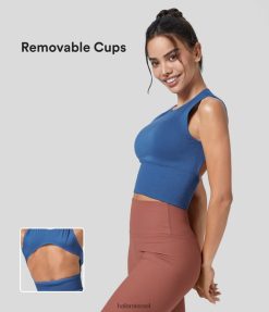 Halara נשים גופיית יוגה מוצקה ללא גב ללא גב עם צוואר עגול זרימה חלקה XX0PF1710 בגדים פעילים כוכב ספיר