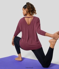 Halara נשים גזרה חתוכה משובצת שרוולים יוגה 3/4 XX0PF1932 בגדים פעילים אדום oxblood