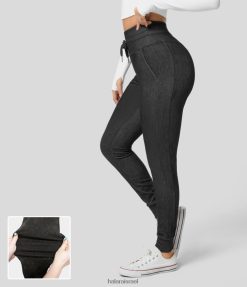 Halara נשים ג'ינס יוגה סריג נמתח בכיס צד עם שרוך מותן גבוה XX0PF32 הַלבָּשָׁה ג'ינס מכובס שחור