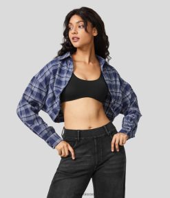 Halara נשים ז'קט קז'ואל משובץ עם כפתור צווארון עם שרוולים ארוכים XX0PF1953 הַלבָּשָׁה משובץ כחול עמוק