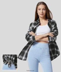 Halara נשים חולצה קז'ואלית משובצת עם צווארון כפתור כפתור קדמי מעוקל XX0PF1645 הַלבָּשָׁה משובץ אפור שחור