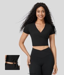 Halara נשים חולצה קצוצה קצוצה עם שרוול קצר שרוול קצר XX0PF1632 הַלבָּשָׁה שָׁחוֹר