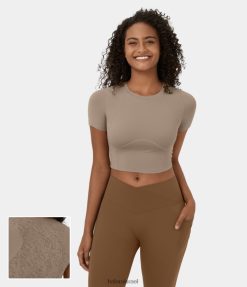 Halara נשים חולצת ספורט יוגה קצוצה עם צווארון עגול עם שרוול קצר XX0PF1889 בגדים פעילים almondine