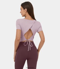 Halara נשים חולצת ספורט יוגה קצוצה עם שרוול קצר ללא גב XX0PF1921 בגדים פעילים ורוד סגול