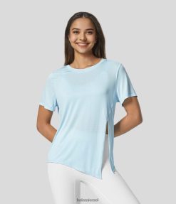 Halara נשים חולצת ספורט קז'ואל ספורטיבית קז'ואל עם שרוול קצר א-סימטרי XX0PF1840 בגדים פעילים מגלשת מים מלוחים