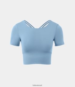 Halara נשים חולצת ספורט קצוצה עם צווארון עגול שרוולים קצרים ללא גב XX0PF1809 בגדים פעילים כחול קרחון