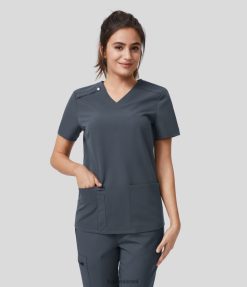 Halara נשים חולצת עבודה עם חריץ עט כיס רב תכליתי בחזית צוואר V XX0PF1669 הַלבָּשָׁה ערפל אפור כחול