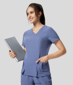 Halara נשים חולצת עבודה עם כיס צד צוואר V אבזם מפתחות מחזיק מכפלת מפוצלת XX0PF1660 הַלבָּשָׁה מְקוֹרִי