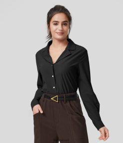 Halara נשים חולצת עבודה עם כפתור צווארון מחורץ עם שרוולים ארוכים XX0PF1646 הַלבָּשָׁה שָׁחוֹר