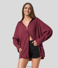 Halara נשים חולצת קז'ואל קז'ואל עם צווארון שרוול משוכפל אחורי כפתור קדמי XX0PF1633 הַלבָּשָׁה סירה