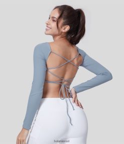 Halara נשים חולצת שרוכים ללא גב עם שרוול ארוך מכפלת קצוצה ספורט יוגה XX0PF1890 בגדים פעילים כחול פתית שלג