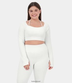 Halara נשים חור אגודל ברצועת קולר מצולע בגודל פלוס טופ יוגה קצוץ XX0PF1941 בגדים פעילים לבן