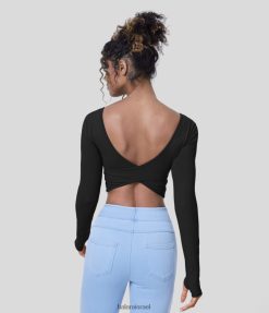 Halara נשים חור אגודל מוצלב ללא גב צוואר יוגה קצוץ טופ יוגה XX0PF1824 בגדים פעילים שָׁחוֹר