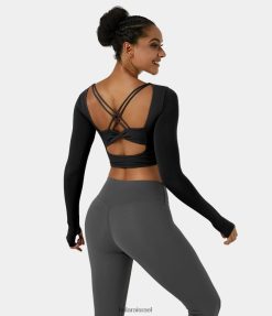 Halara נשים חור אגודל קטיפה softlyzero ללא גב חתוך צלב תחתון ספורט קצוץ XX0PF1895 בגדים פעילים שָׁחוֹר