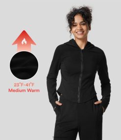 Halara נשים חור באגודל רוכסן עם קפוצ'ון מעוקל מכפלת צמר קז'ואל מעיל כותנה XX0PF2049 הַלבָּשָׁה שָׁחוֹר