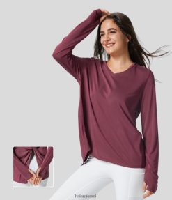 Halara נשים חור צוואר V אגודל מעוות מפוצל יוגה ספורט טופ XX0PF1908 בגדים פעילים אדום oxblood