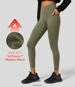 Halara נשים חותלות יוגה צדדיות מוצלבות בגזרת פליסה softlyzero XX0PF1459 בגדים פעילים דשא אפור ירוק