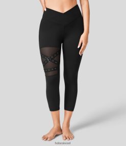 Halara נשים חותלות יוגה קפרי עם אבזם דקורטיבי מרשת ניגודיות מוצלבת גבוהה XX0PF1554 בגדים פעילים שָׁחוֹר