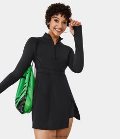 Halara נשים חצי רוכסן חור אגודל מפוצל כיס 2 חלקים שמלת טניס אקטיבית XX0PF776 בגדים פעילים שָׁחוֹר