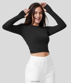 Halara נשים חתוך צלעות שרוך חור אגודל קצוץ קצוץ כותנה רגיל XX0PF1968 הַלבָּשָׁה שָׁחוֹר