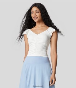 Halara נשים טופ קז'ואל קצוץ עם שרוולים קצרים עם שרוולים קצרים עם צווארון V XX0PF1944 הַלבָּשָׁה לבן