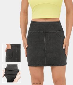 Halara נשים כיס אחורי מותן גבוה קסום סריג ג'ינס bodycon מיני חצאית קז'ואל XX0PF682 הַלבָּשָׁה ג'ינס מכובס שחור