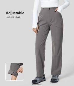 Halara נשים כיס צד בעל מותן גבוה מתכוונן כפתור הצמד מכנסי עבודה רגליים מגולגלות XX0PF437 הַלבָּשָׁה חזית סערה