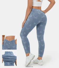 Halara נשים כיס צד מוצלב מותן קסום עם הדפס פרפר נמתח סריג ג'ינס קז'ואל 7/8 חותלות XX0PF1356 הַלבָּשָׁה הדפס פרפר ג'ינס