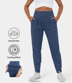 Halara נשים כיס צד מותן קסום משולב מגע מגניב נושם שטף ג'ינס קז'ואל סריג נמתח XX0PF48 הַלבָּשָׁה כחול ג'ינס אינדיגו מכובס