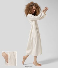 Halara נשים כיס צד עם שרוול ארוך צוואר עגול משופשף מוצק רגוע שמלת כותנה קז'ואל מידי XX0PF1185 הַלבָּשָׁה קרח וניל