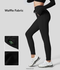 Halara נשים כיס צד עם שרוך מותן גבוה באורך מלא ספורט יוגה וופל XX0PF55 בגדים פעילים שָׁחוֹר