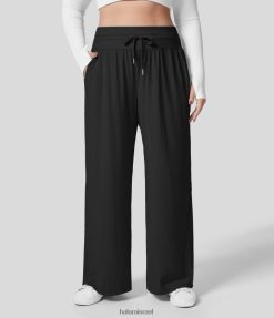 Halara נשים כיס צד עם שרוך מותן גבוה רגל רחב מגע מגניב קז'ואל מכנסיים במידות גדולות XX0PF2135 תחתונים שָׁחוֹר