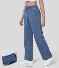 Halara נשים כיס צד עם שרוך מותן קסום עם רגל ישרה ופל ג'ינס סריג נמתח XX0PF1351 הַלבָּשָׁה וופל תכלת