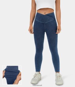 Halara נשים כיס צד קסום מוצלב שטוף חותלות עבודה בסריג ג'ינס נמתח XX0PF1308 הַלבָּשָׁה ג'ינס כחול אגם