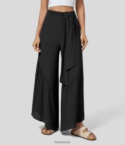 Halara נשים כיס צד רוכסן קדמי קשירה גבוהה בגזרה רחבה מכנסיים מזדמנים XX0PF172 הַלבָּשָׁה שָׁחוֹר