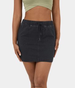 Halara נשים כיס שרוך מותן קסום מפוצל חצאית מיני קז'ואל סריג ג'ינס נמתח XX0PF589 הַלבָּשָׁה ג'ינס מכובס שחור