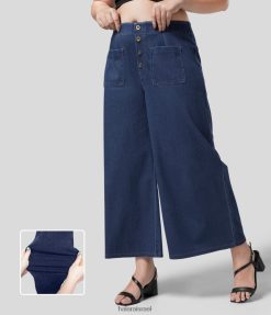 Halara נשים כיסי כפתור מותניים קסם באורך הקרסול שטף סריג נמתח קז'ואל ג'ינס רחב במידות גדולות XX0PF2114 הַלבָּשָׁה ג'ינס כחול כהה