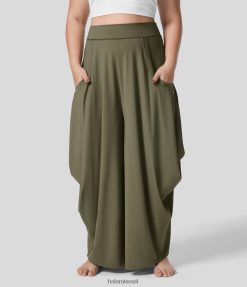 Halara נשים כיסים מרובים בעליה בינונית עם רגל רחבה מכנסיים קז'ואל במידות גדולות XX0PF2134 תחתונים ירוק קמל