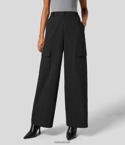 Halara נשים כפתור במותן גבוה רוכסן כיסים מרובים מכנסי כותנה רגליים רחבות XX0PF210 הַלבָּשָׁה שָׁחוֹר