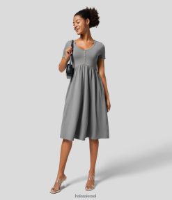 Halara נשים כפתור דקורטיבי צווארון V עם שרוולים קצרים בכיס צד משוכפל שמלת מידי קז'ואל XX0PF1150 הַלבָּשָׁה אפור אולטימטיבי