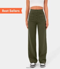 Halara נשים כפתור מותן גבוה עם כיסים מרובים מכנסיים קז'ואל עם רגל ישרה XX0PF444 הַלבָּשָׁה ליל יער