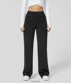 Halara נשים כפתור מותן גבוה עם כיסים מרובים מכנסיים קז'ואל עם רגל ישרה XX0PF454 הַלבָּשָׁה שָׁחוֹר