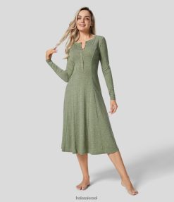 Halara נשים כפתור צוואר עגול עם שרוולים ארוכים שמלת מידי קז'ואל XX0PF1198 הַלבָּשָׁה חוט פרחוני ירוק בהיר