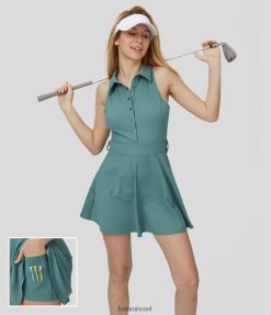 Halara נשים כפתור צווארון אוורירי softlyzero כיס 2 חלקים מגע מגניב מיני גולף שמלה אקטיבית-כיס טי גולף XX0PF925 בגדים פעילים כחול ציאן סלע