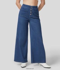 Halara נשים כפתור קסם בעל מותניים מרובים כיסים שטופים סריג נמתח קז'ואל ג'ינס רחב רגל באורך מלא XX0PF1352 הַלבָּשָׁה ג'ינס כחול משמש
