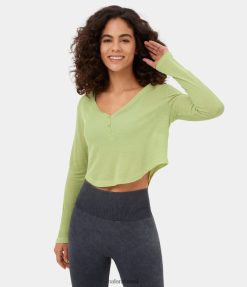 Halara נשים כפתור V צווארון שרוולים ארוכים מכפלת קצוצה קצוצה ספורט קז'ואל XX0PF1857 בגדים פעילים קנה סוף